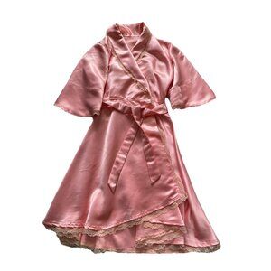 Vintage Satin Robe Pink Lace 1960s Barbie Trad Wife Sleepwear Babydoll